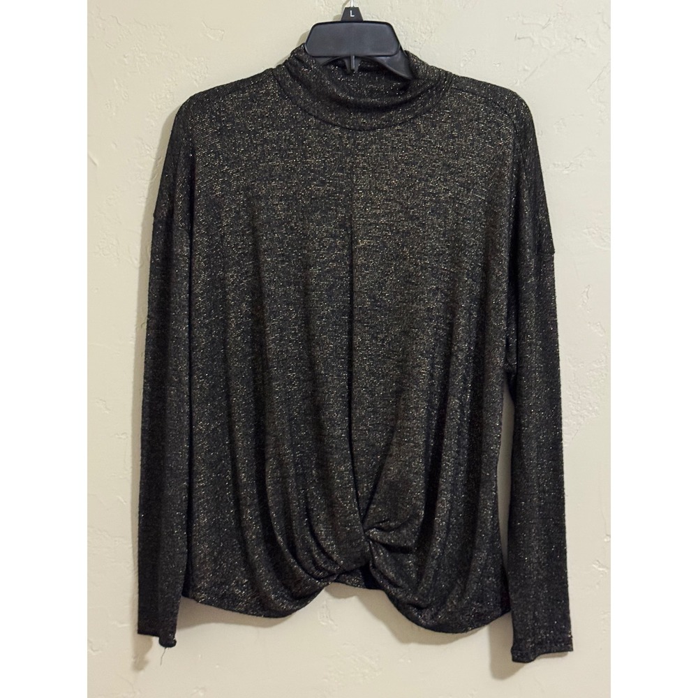 Jennifer Lopez Top XL Black Gold Glitter Mock Neck Twist Front Long Sleeve